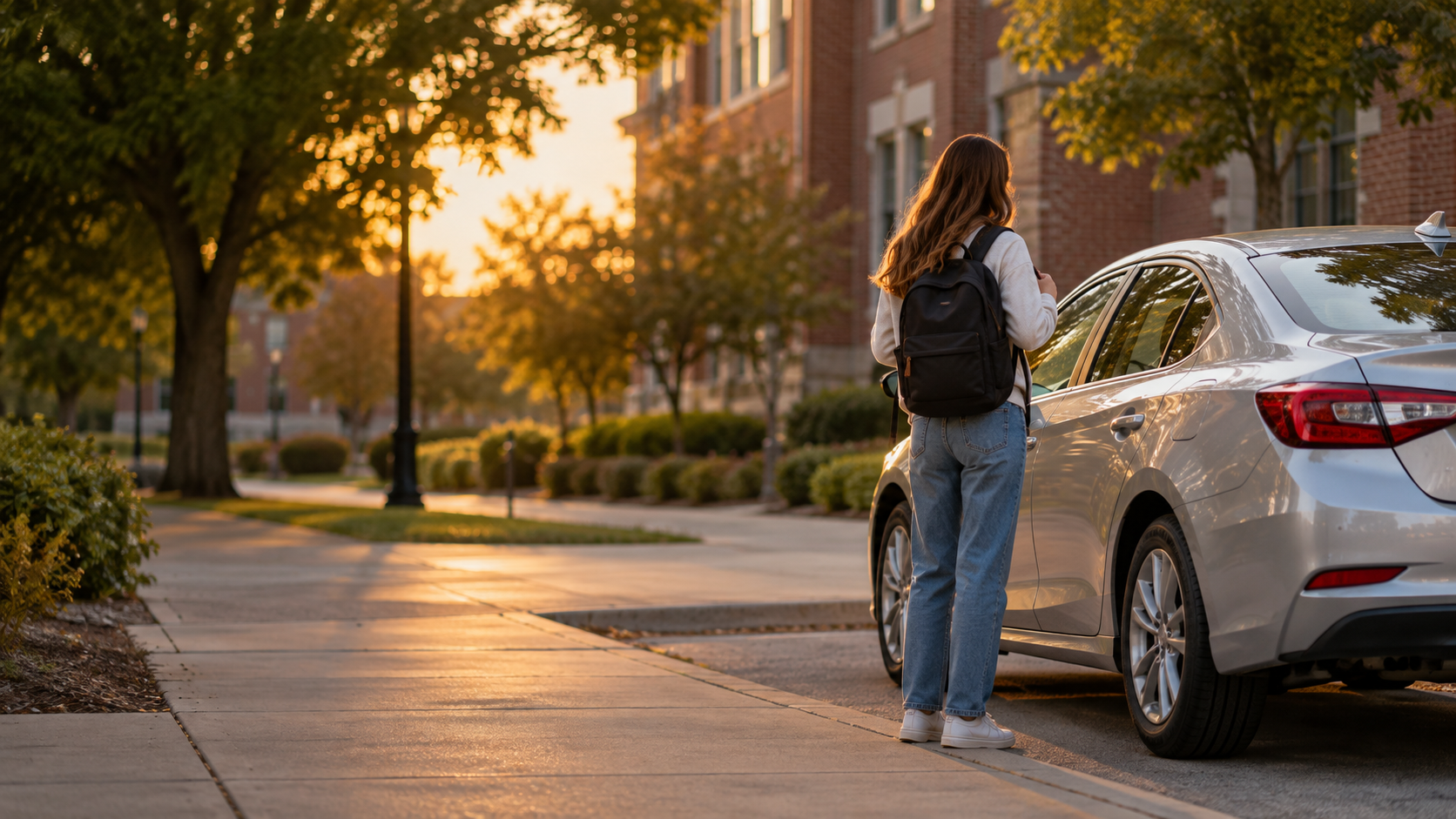College student standing beside a car in a small Midwestern town