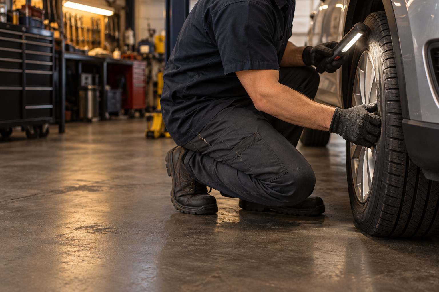 Technician inspecting a vehicle tire in an independent repair bay