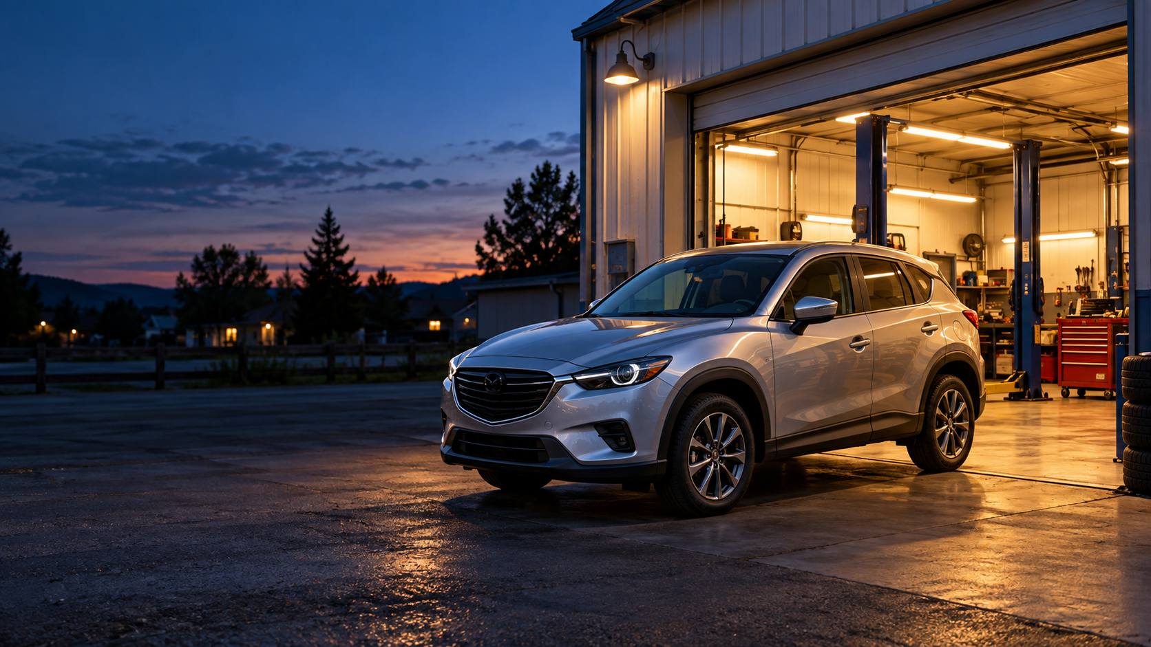 Unbranded crossover outside an independent repair bay at dusk