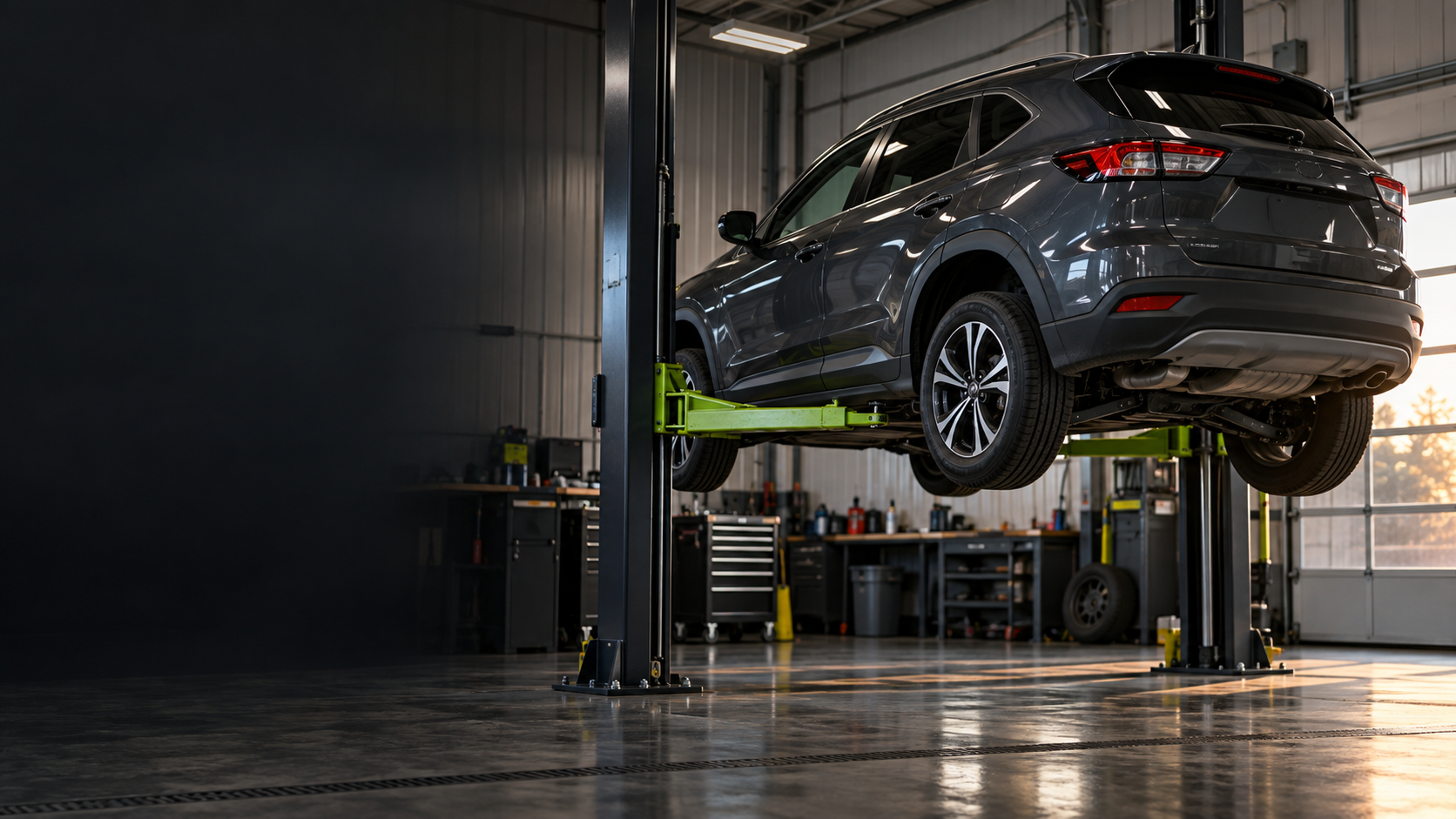 Unbranded crossover raised in an independent repair bay